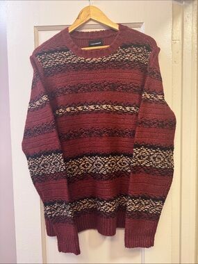 Lucky Brand Men's Burgundy, Black & Cream Striped Crewneck Sweater